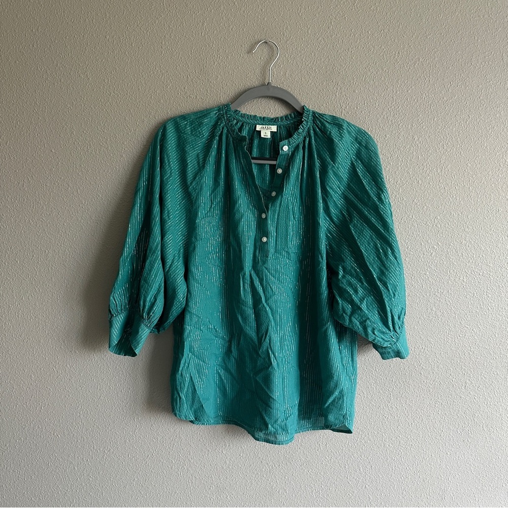 Ana Teal Silver Metallic Cotton Blouse with Puff Sleeves Small